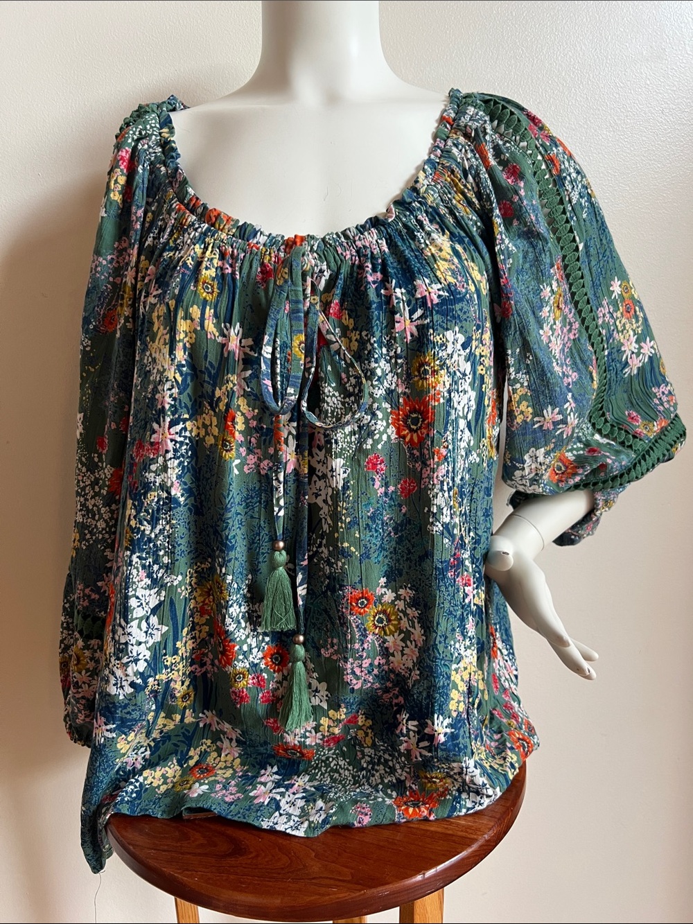 Lola P Floral Peasant Blouse with Tassel Tie - Green cottagecore fairy whimsy